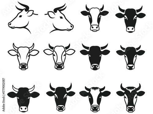 Set of isolated cow head vector illustrations. A collection of twelve black and white cattle faces for agriculture or beef branding