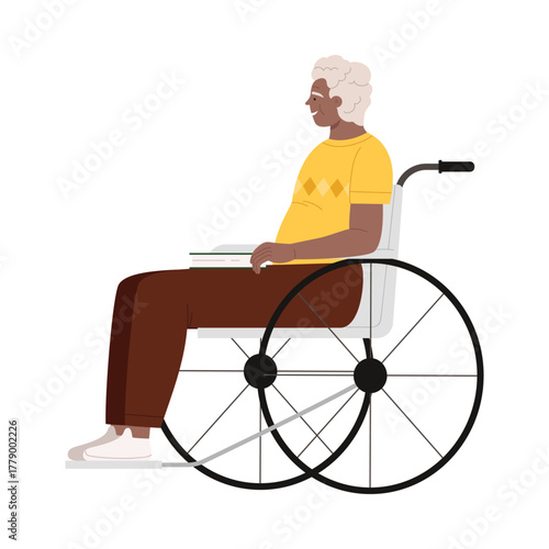 Senior male with disability in wheelchair holding book, isolated on white background vector illustration