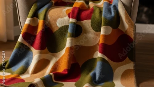Cozy colorful blanket draped over a chair. Warm wool plaid with abstract shapes for home decor and comfort items concept.