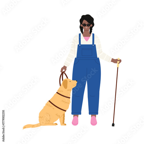 Visually impaired woman with cane and guide dog standing isolated on white background vector illustration