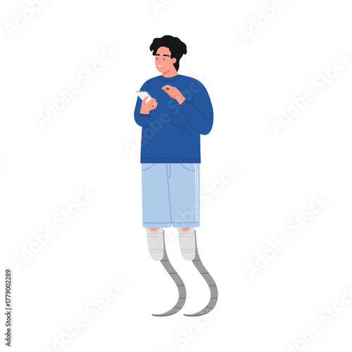 Smiling young man with blade prosthetic legs using smartphone on white isolated background vector illustration