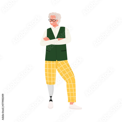 Elderly man with prosthetic leg standing isolated on white background, confidence and disability awareness vector illustration