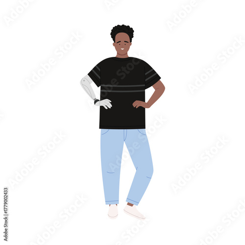Confident disabled person with prosthetic arm standing isolated on white background vector illustration
