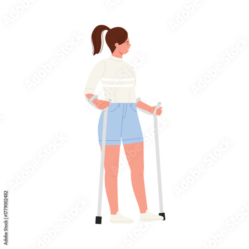 Confident young woman with disability using crutches, standing isolated on white background vector illustration
