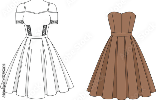 Off shoulder dress and strapless sweetheart neckline gown technical flat sketch, front and back view, pleated skirt design, cad drawing flat vector illustration