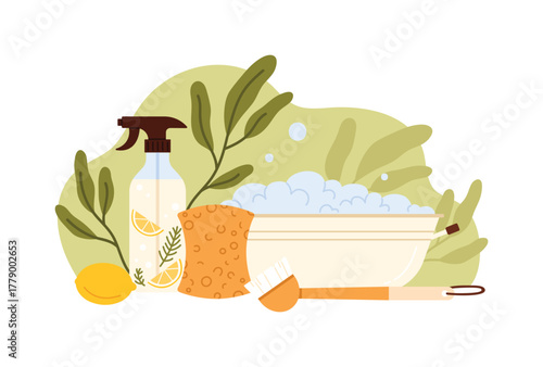 Natural cleaning supplies with lemon, sponge, brush, and spray bottle isolated on white vector illustration