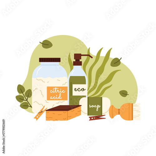 Natural eco cleaning products with citric acid, soap, and brush on white isolated background vector illustration