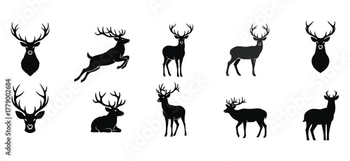 A collection of black deer silhouettes, featuring stag and reindeer icons in various poses. This vector illustration set is perfect for graphic design projects