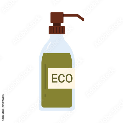 Isolated eco cleaning product bottle with green liquid and pump dispenser for sustainable use vector illustration
