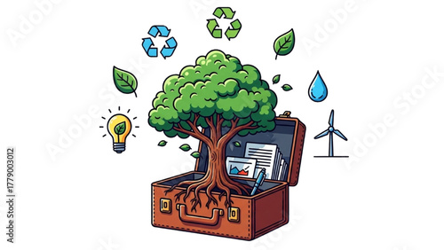 High-Quality Black Outline Colorful Art of Tree Growing from Open Briefcase, Surrounded by Eco-Friendly Icons, Symbolizing Business Rooted in Sustainability