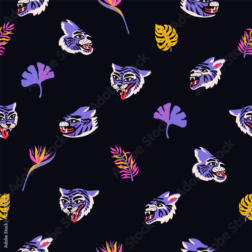Groovy pattern with tiger heads and tropical leaves. Seamless animalistic illustration for fabric, wallpaper, and wrapping paper. Vector dark background.