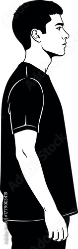 Black and white male silhouette standing profile illustration, side view man in short sleeve shirt, minimalist vector art, abstract posture design