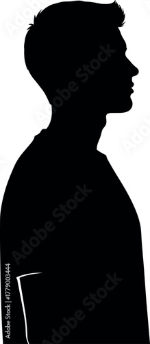 Black silhouette male profile illustration, side view man in short sleeve shirt, minimalist vector art, abstract portrait design, modern concept