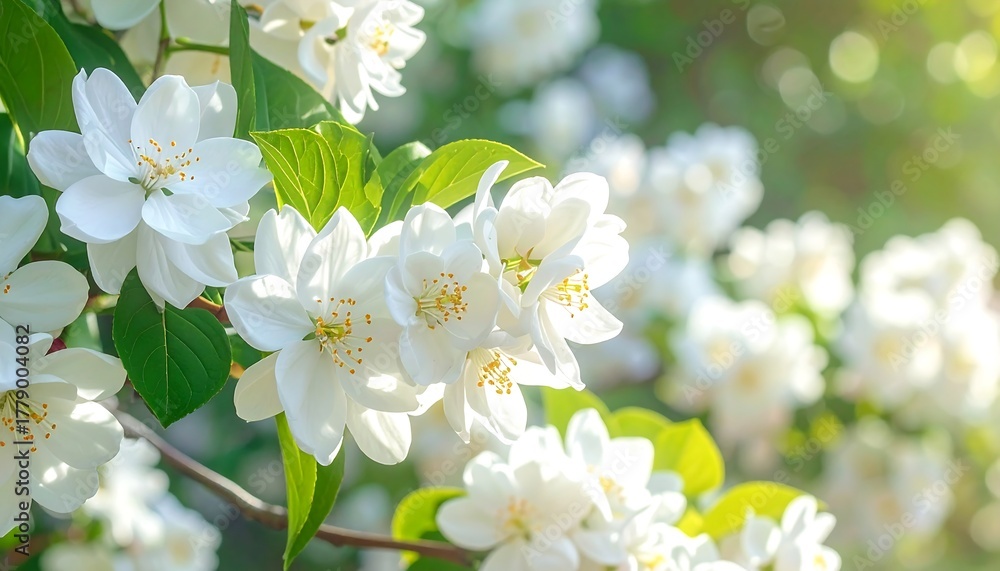 Obraz premium Blooming white flowers cluster with green leaves, bathed in warm sunlight, showcasing delicate petals and soft light