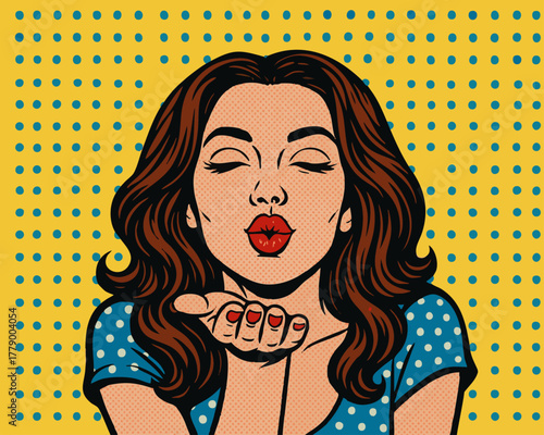 woman with red lips and closed eyes blowing a kiss, wearing polka dot dress on dotted yellow background. Generative ai vector colorful pop art illustration.