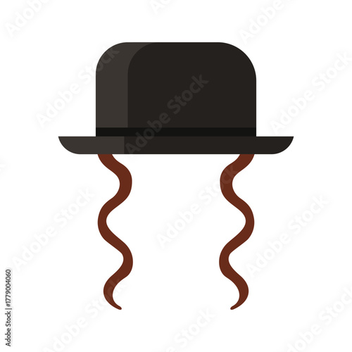 Isolated black hat with brown payot symbolizing Jewish tradition on white background vector illustration