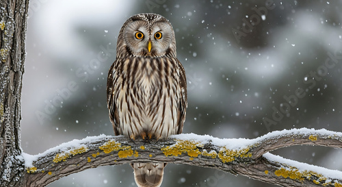 Ural Owl perched on snowy branch looking directly at camera winter