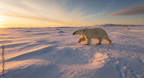 Polar Bear Walking Across Snowy Arctic Tundra at Sunset