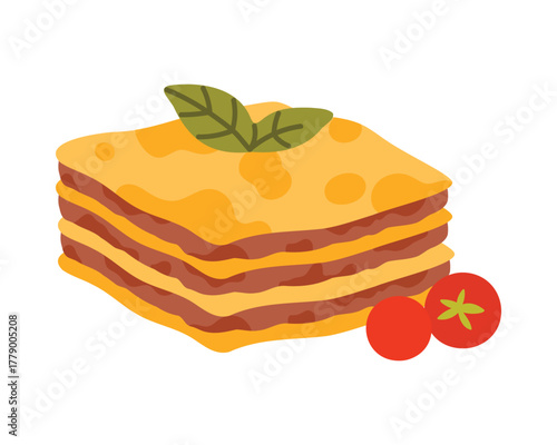 Isolated lasagna portion with basil leaf and tomatoes on white background vector illustration