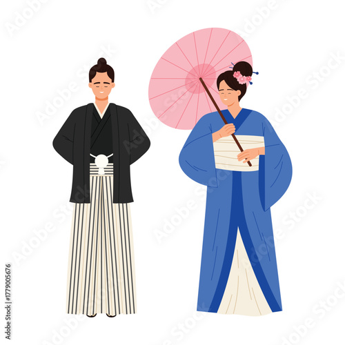 Isolated Japanese man and woman in traditional kimono and hakama clothing with umbrella vector illustration
