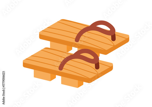 Classic Japanese geta sandals with wooden soles and brown straps on white isolated background vector illustration