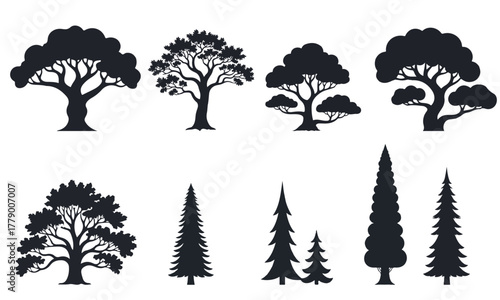 Collection of diverse tree silhouettes, including deciduous and coniferous types