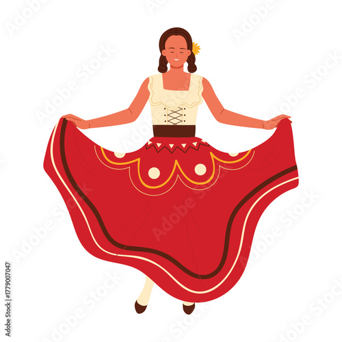 Isolated woman performing Mexican folk dance in vibrant red traditional dress on white background vector illustration