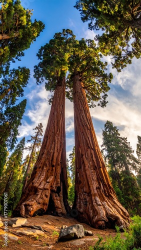 Two giant sequoia trees against a vibrant sky