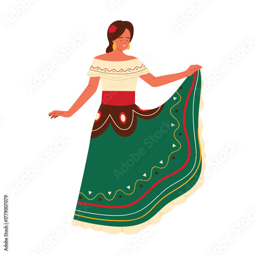 Isolated Mexican woman wearing colorful folk dress performing traditional dance on white background vector illustration