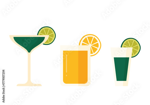 Three colorful Mexican cocktails with lime and orange slices on a white isolated background vector illustration