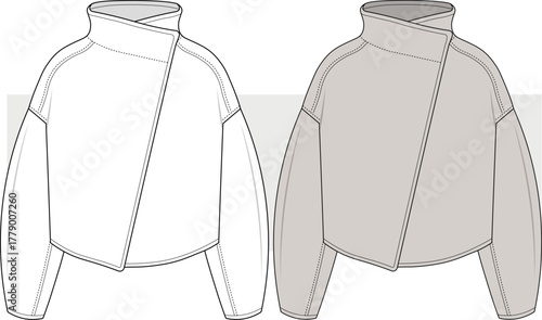 Women's streetwear jacket fashion design technical drawing, illustration. Winter wear, coat , cardigan vector. CAD, Mockup.	