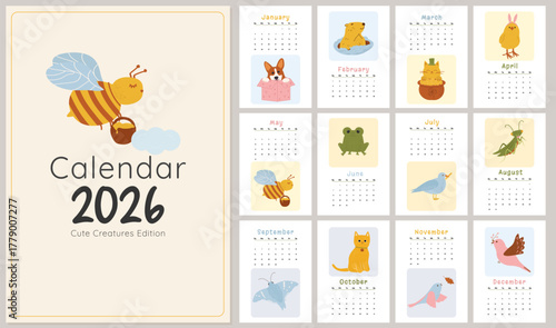 Cute 2026 animal and insects Calendar Monthly Template for Each Month. Playful and Colorful Design. Perfect for Kids, Dog Lover, Wall Art, and Printable Planner