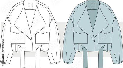 Women's double breasted coat fashion design technical drawing, illustration. Streetwear winter wear, jacket, vector. CAD, Mockup.