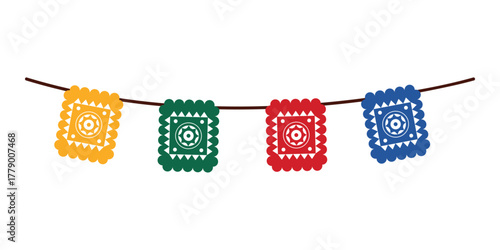 Traditional Mexican papel picado banner with vibrant colors on a white isolated background vector illustration