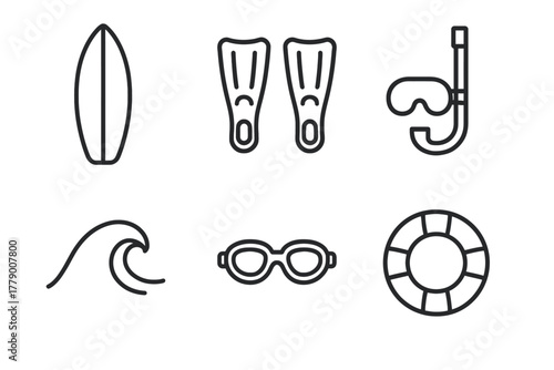Beach and water sports equipment icons: surfboard, flippers, snorkel, wave, goggles, lifebuoy