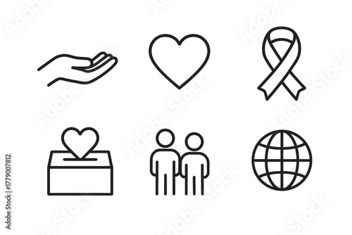 Charity symbols: donation hand, heart, awareness ribbon, ballot box, unity, globe
