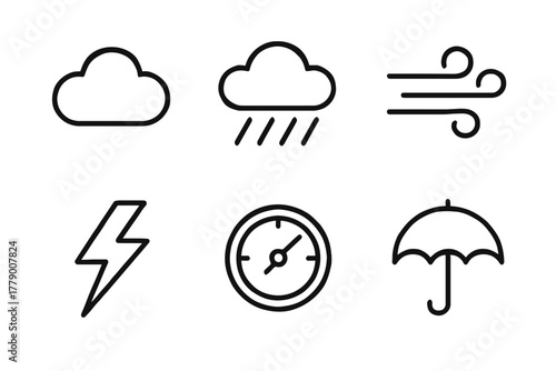Weather icons: cloud, rain, wind, lightning, gauge, umbrella symbols