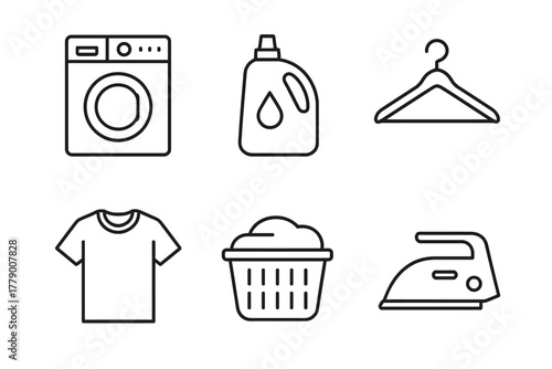 Laundry symbols: washing machine, detergent, hanger, basket, shirt, iron line icons