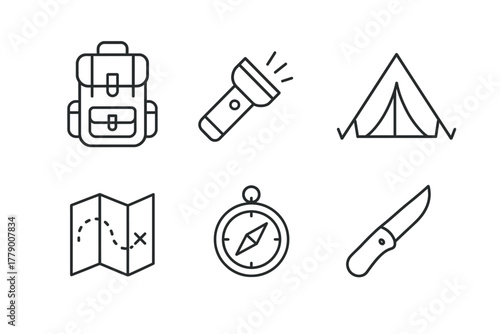 Camping adventure icons: backpack, flashlight, tent, map, compass, knife