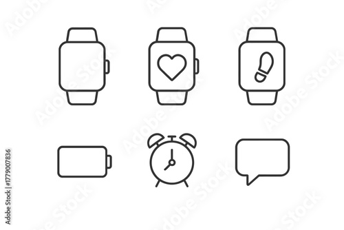 Line icons of smartwatches with heart, steps, battery, alarm, and chat symbols