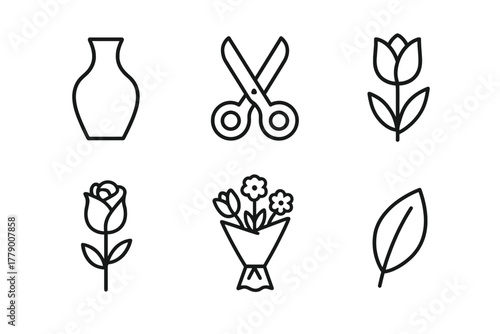 Flower and craft icons: vase, scissors, tulip, rose, bouquet, leaf outline