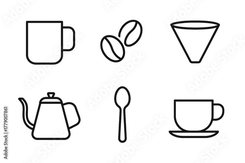 Minimalist coffee icons: mug, beans, filter, kettle, spoon, cup