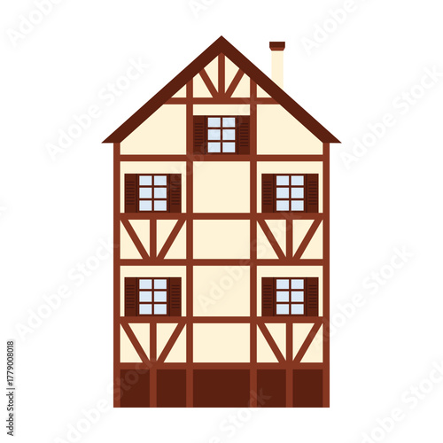 Classic German half-timbered house with brown beams and windows isolated on white vector illustration