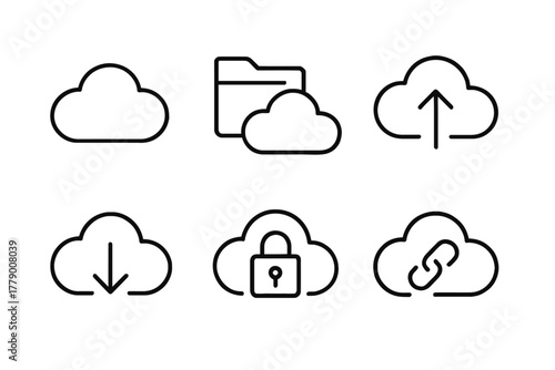 Cloud computing icons: upload, download, security, and sync symbols