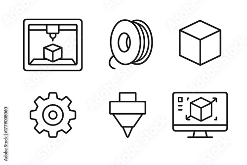 3d printing icons set: printer, filament, cube, gear, nozzle, monitor display