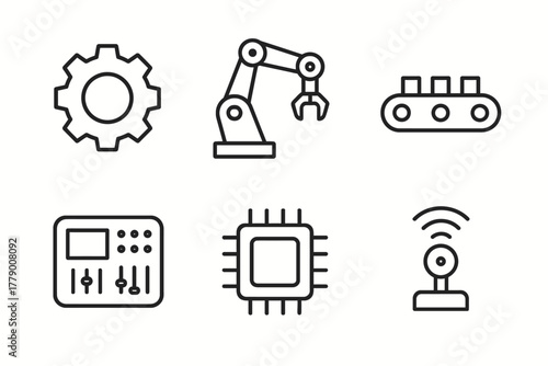 Industrial automation icons: gear, robot arm, conveyor belt, control panel, microchip, sensor