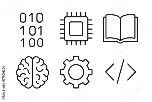 Technology and learning icons: binary, microchip, book, brain, gear, code