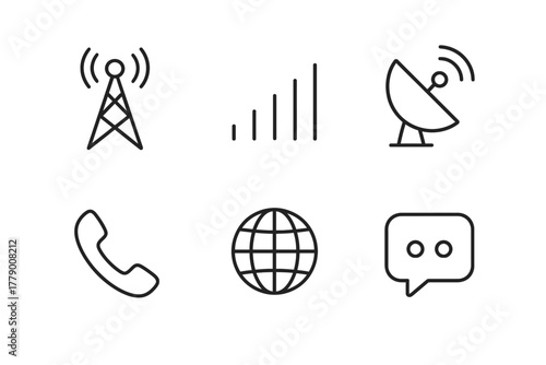 Communication icons: antenna, signal bars, satellite dish, phone, globe, chat bubble