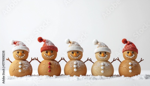 Funny gingerbread snowmen with hats lined up in the snow. Christmas background