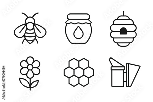 Collection of honeybee elements: hive, honey, flower, and beekeeping equipment icons